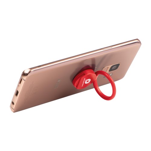Rode telefoonhouder met ring.