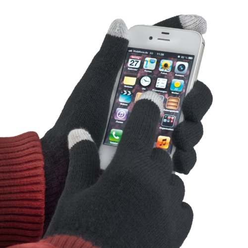Zwarte stoffen handschoenen met twee touchscreen-compatibele vingertoppen.