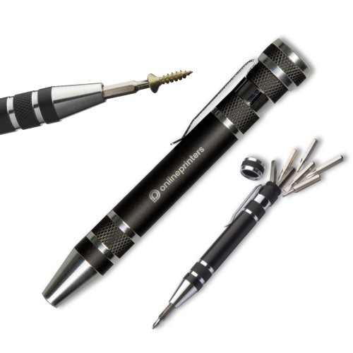 Zwarte metalen schroevendraaierset met diverse hulpstukken.