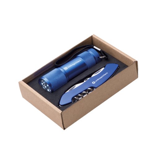 Blauwe set van zaklamp met polsband en zakmes met diverse gereedschappen.