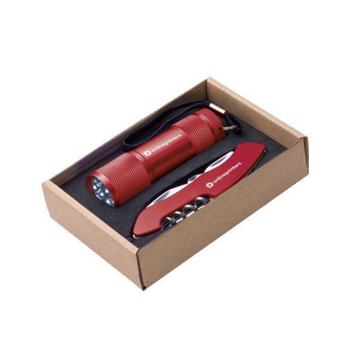 Rode set van metalen zaklamp met polsband en zakmes met gereedschap.