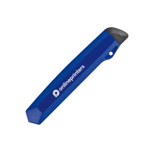 Blauw kartonmes met mesbeschermer en patroon.