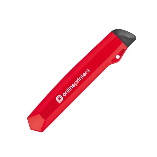 Rood plastic mes met uitschuifbaar mes en patroon.