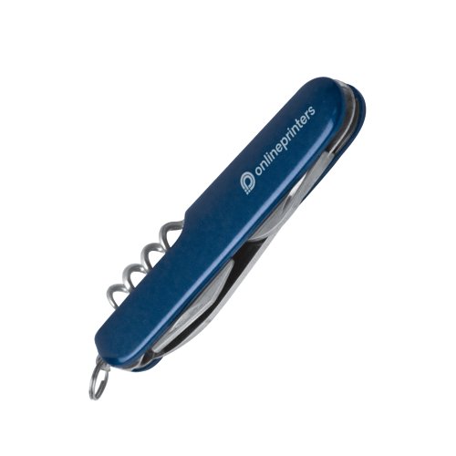 Blauw zakmes met diverse tools en een sleutelring.