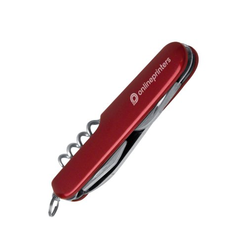 Rood zakmes met diverse metalen gereedschappen.