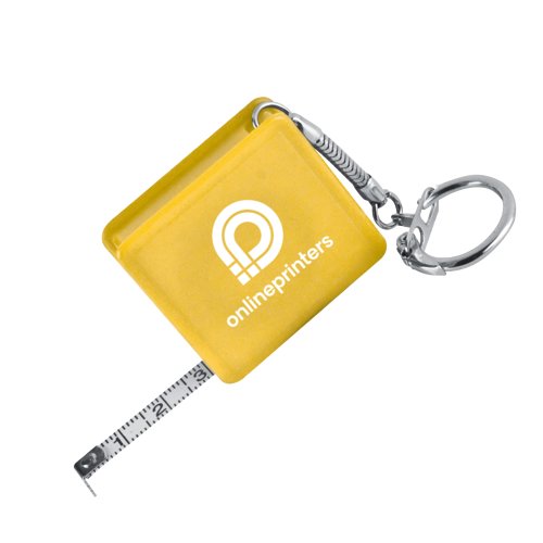 Gele plastic meetlint met sleutelhanger en automatische terugtrekking.