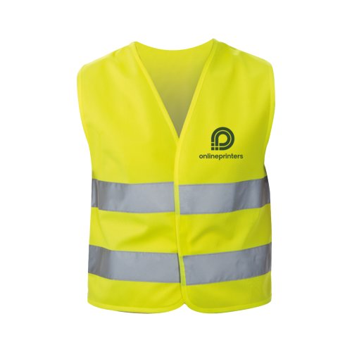 Geel kinder veiligheidsvest met reflecterende strepen.