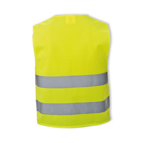 Geel kinder veiligheidsvest met reflecterende strepen.
