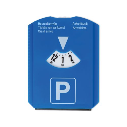 Blauwe parkeerschijf met ijskrabber.