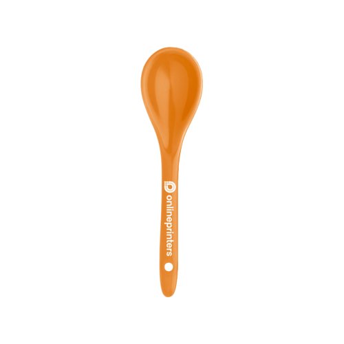Oranje keramische lepel met ophanggat.
