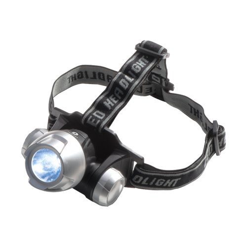 Grijze hoofdlamp met verstelbare hoofdband.