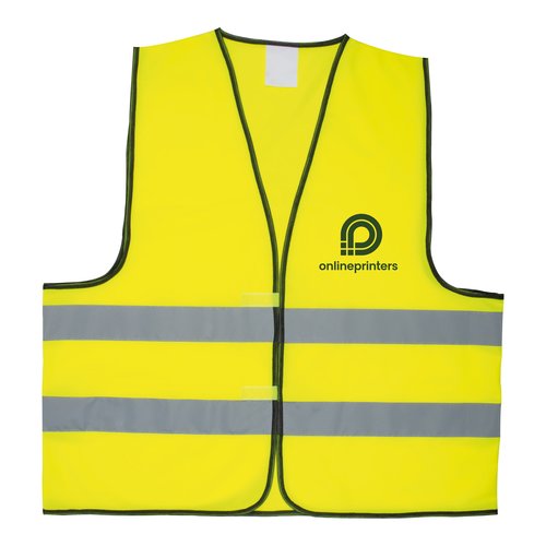 Geel veiligheidsvest met reflecterende strepen en klittenbandsluiting.