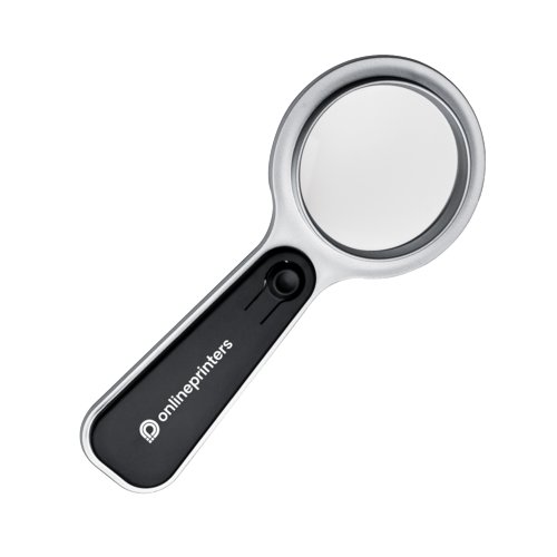 Zilveren vergrootglas met ledverlichting en handgreep.