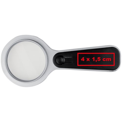 Zilverkleurige loep met LED-licht op het handvat.