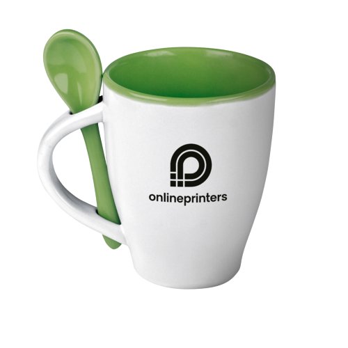 Groene keramische mok met bijpassende lepel.