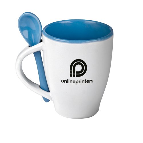 Blauwe keramische koffiemok met lepel.