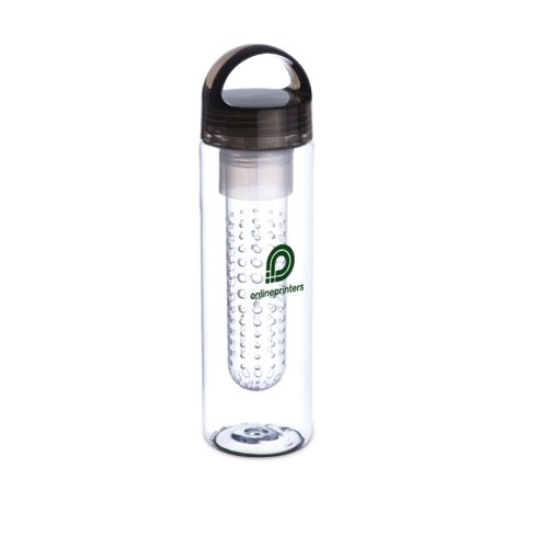 Transparante drinkfles met donker deksel en uitneembare zeef.