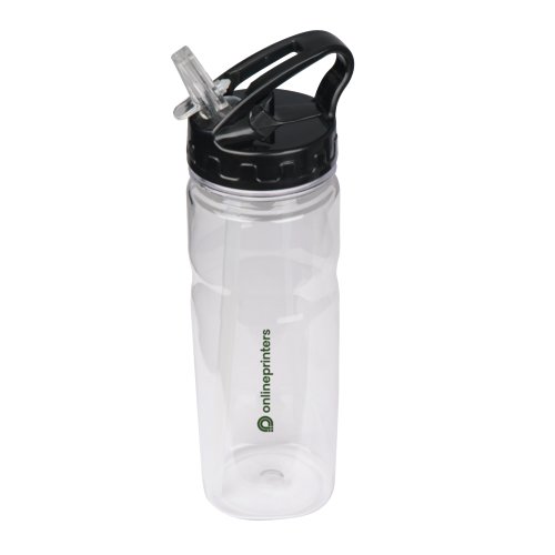 Transparante plastic waterfles met rietje en zwarte deksel.