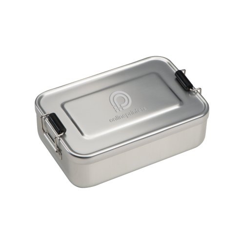 Zilverkleurige aluminium broodtrommel met deksel en sluiting.