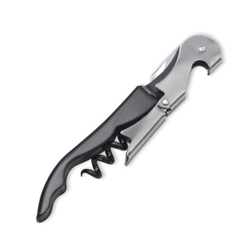 Zwart metalen kelnersmes met flesopener en kurkentrekker.