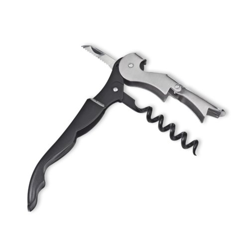 Zwart metalen kelnersmes met kurkentrekker, flesopener en foliesnijder.