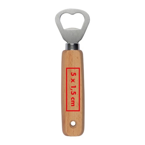 Houten flessenopener met metalen kop en ophanggat.