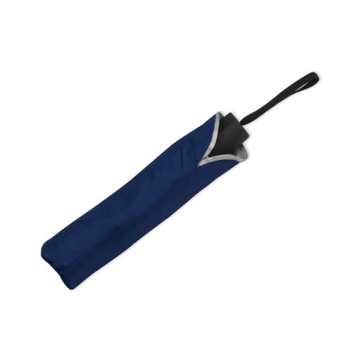 Donkerblauwe zakparaplu met draaglus en beschermhoes.