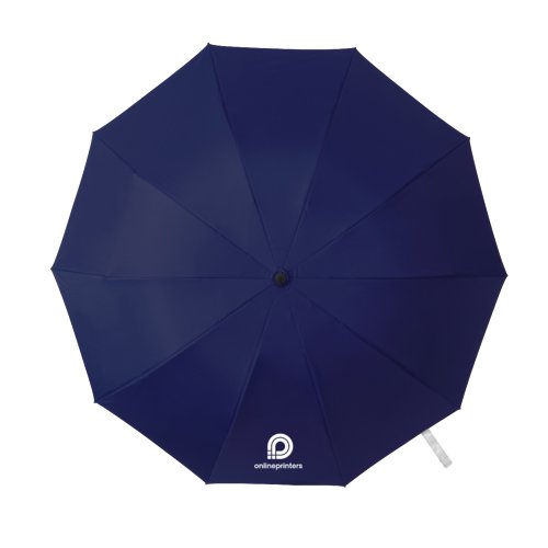 Donkerblauwe zakparaplu met hoes en handvat.