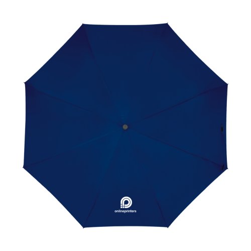 Blauwe paraplu met handmatig openingsmechanisme.