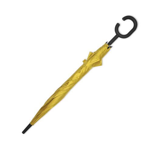 Gele stoffen paraplu met speciale handgreep.