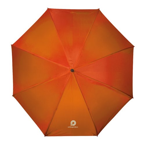 Oranje paraplu met automatisch openingsmechanisme.