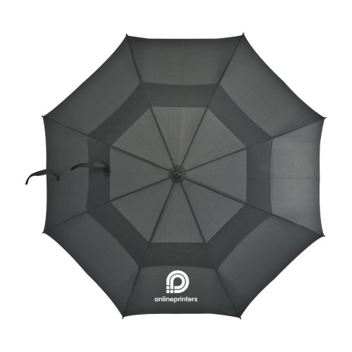 Zwarte golfparaplu met windscherm en automatisch openingsmechanisme.