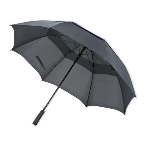Donkergrijze golfparaplu met windscherm en gebogen handvat.