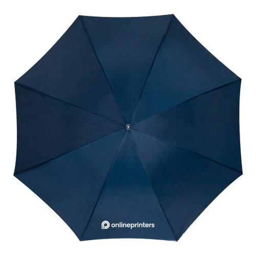 Donkerblauwe automatische paraplu met hoes en handvat.