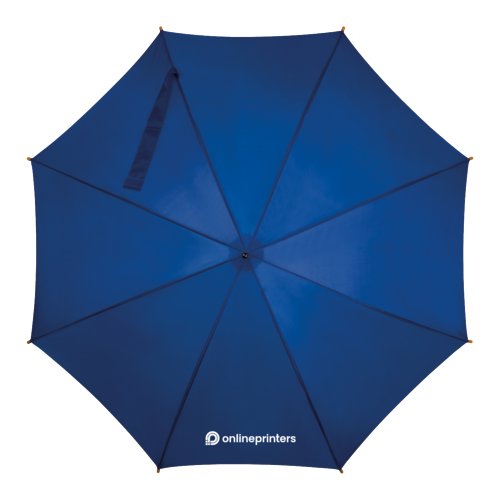 Blauwe houten automatische paraplu met gebogen handvat.
