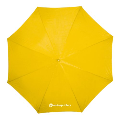 Gele houten automatische paraplu met grote diameter.