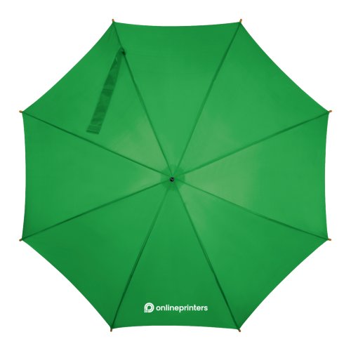 Groene houten automatische paraplu met bijpassende beschermhoes.