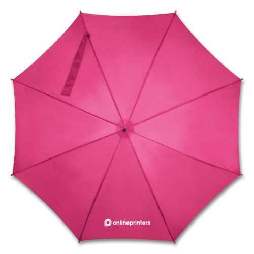 Roze automatische paraplu met houten handvat en bijpassende beschermhoes.