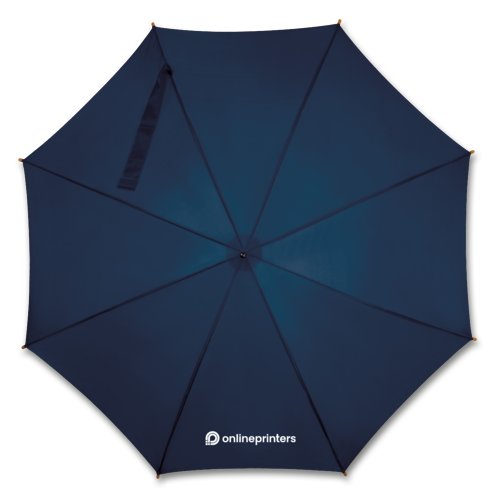 Donkerblauwe automatische paraplu met houten handvat.