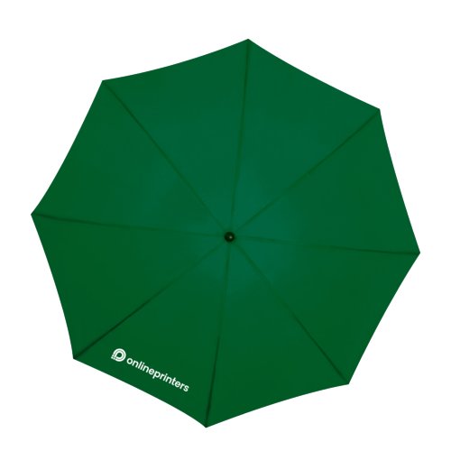 Donkergroene stoffen paraplu met een grote diameter.