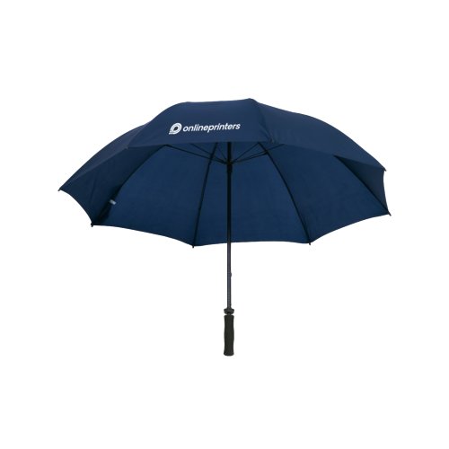 Blauwe paraplu mit stevige handgreep en windbescherming.