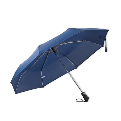 Blauwe automatische opvouwbare paraplu met draagriem.