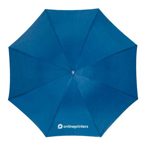 Blauwe automatische paraplu met doek en handvat.