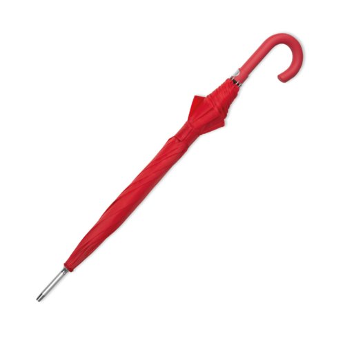 Rode automatische paraplu met gebogen handvat.