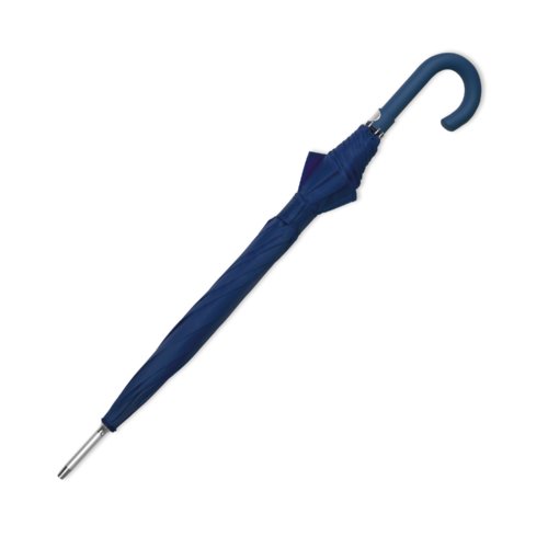 Donkerblauwe automatische paraplu met gebogen handvat.