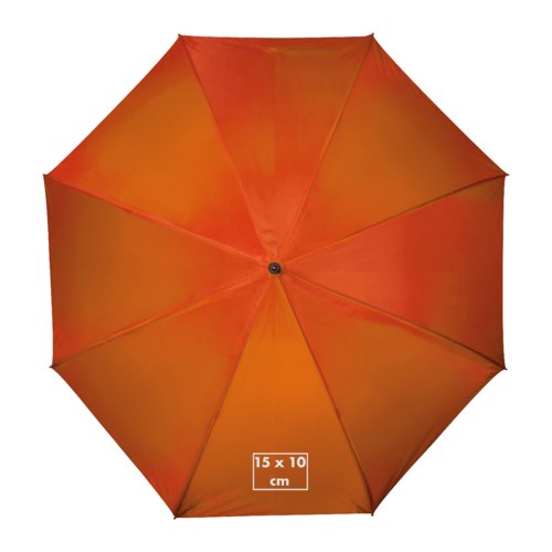 Oranje paraplu met handmatig openingsmechanisme.