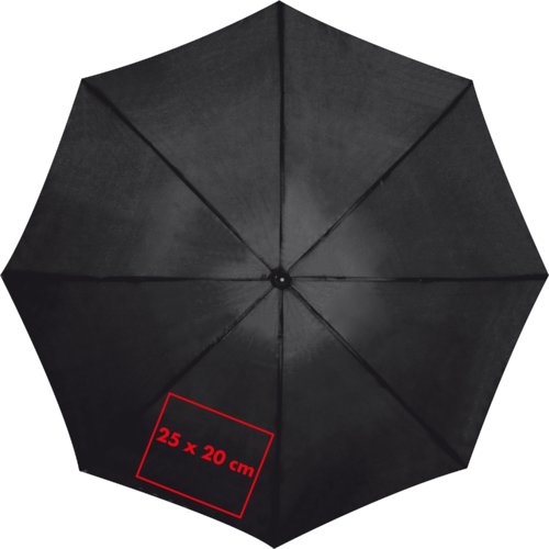 Zwarte stoffen paraplu met stevig frame.