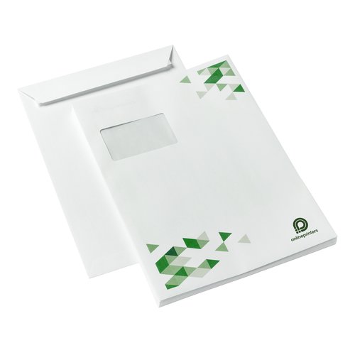 Papieren envelop met venster en korte sluiting.