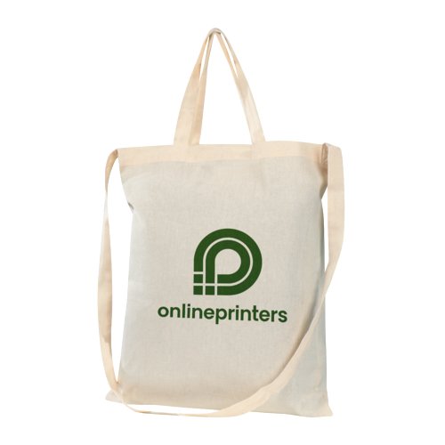 Natuurkleurige katoenen tas met drie handvatten.