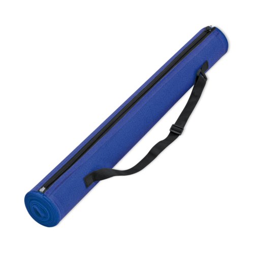 Blauwe strandmat met patroon en draagriem.